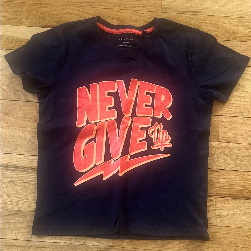 Primark Kids Dark Blue Tee with Neon Pink Print